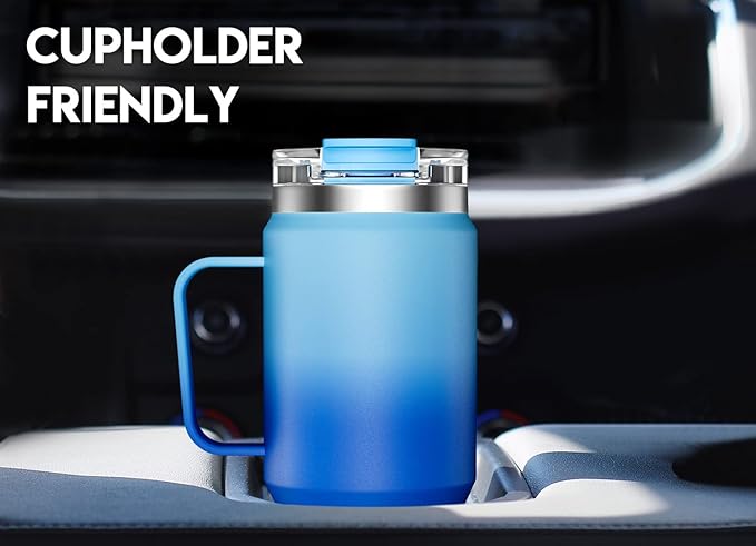 Meoky 32 oz Tumbler with Handle, Insulated Tumbler with Lid and Straw, Stainless Steel Travel Mug, 100% Leak Proof, Keeps Cold for 24 Hours or Hot for 8 Hours, Fits in Car Cup Holder (Azure)