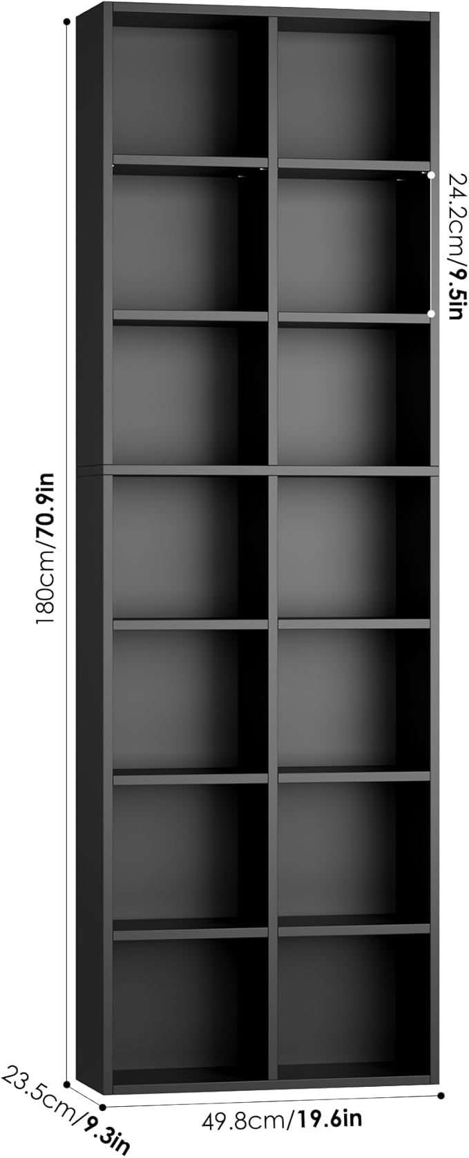 FOTOSOK 71'' Tall Bookshelf with 14 Cubes, 7 Tier Double Wide Black Bookshelf with 6 Adjustable Shelves, 19.6" Narrow Bookcase DVD/CD Media Storage, Space Saving Display Shelf Cabinet, Black