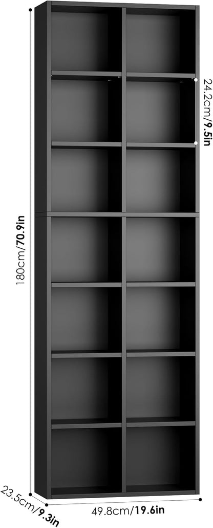 FOTOSOK 71'' Tall Bookshelf with 14 Cubes, 7 Tier Double Wide Black Bookshelf with 6 Adjustable Shelves, 19.6" Narrow Bookcase DVD/CD Media Storage, Space Saving Display Shelf Cabinet, Black