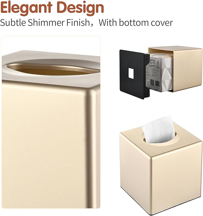 Y-in Hand Tissue Box Cover, Decorative Modern Square Facial Storage Tissue Box Holder, Home Accessories for Bathroom Vanity Countertops, Dressers, Night Stand, Parlors and Office - Champagne Gold