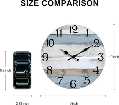 JoFomp 10 Inch Wooden Wall Clocks Battery Operated, Silent Wall Clock Non Ticking, Coastal Country Design Rustic Wall Clocks for Living Room Decor, Small Wall Clock for Bedroom Kitchen Bathroom