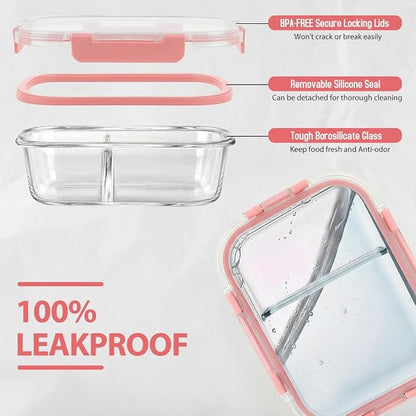 AMALEKO 42pcs Glass Food Storage Containers with Lids Set, 21 Containers & 21 Lids Glass Meal Prep Containers with Snap Locking Lid Set, Leak Proof Lunch Container BPA-Free,Pink