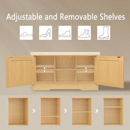 DINZI LVJ Shoe Bench, Entryway Storage Bench with Doors, Cushion, 2-Tier Shoe Rack with 6-Cubby, 31.5”L x 13.8”W Shoe Organizer Cabinet, Adjustable Shelf, Living Room, Bedroom, Natural