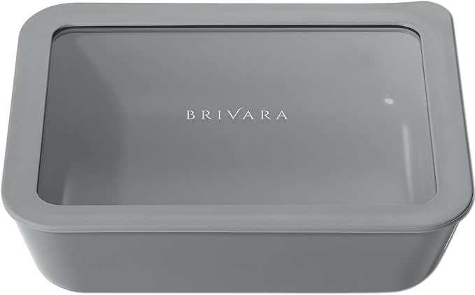 BRIVARA HOME Ceramic Coated Glass Food Storage Container | No PTFE, PFOA, PFAS, and BPA | Reusable Non Toxic Meal Prep Container with Glass Lid | Easy To Store | 6 Cup Rectangle [Smoke]