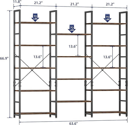 NUMENN Triple 5 Tier Bookshelf, Wide Book Shelf with 14 Open Display Shelves, Modern Tall Bookcase Furniture for Living Room Home Office, Vintage