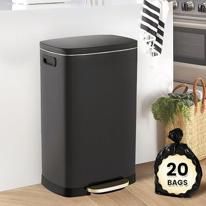 ELPHECO Kitchen Trash Can with Lid Soft Close, 13 Gallon / 50L Stainless Steel Pedal Garbage Can, Heavy-Duty Fingerprint Proof Step Wastebasket with 20 Bags, Removable Bucket, Home Office, Matte Black