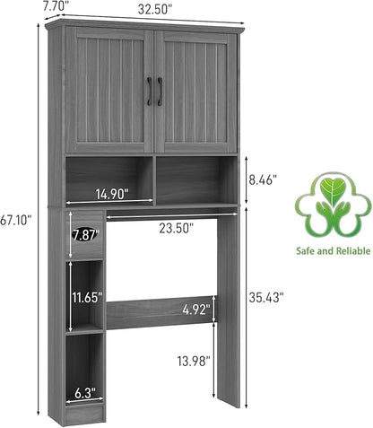 Over The Toilet Storage Cabinet, Farmhouse Storage Cabinet Over Toilet with Barn Door& Toilet Paper Holder Stand，Home Space-Saving Toilet Rack, for Bathroom, Restroom, Laundry.Wash Gray