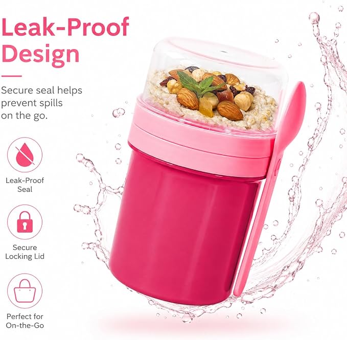 27oz Reusable Yogurt Parfait & Overnight Oats Cups – 100% Leakproof with Lid & Spoon for Meal Prep, Breakfast, Office & Gym (Pink)