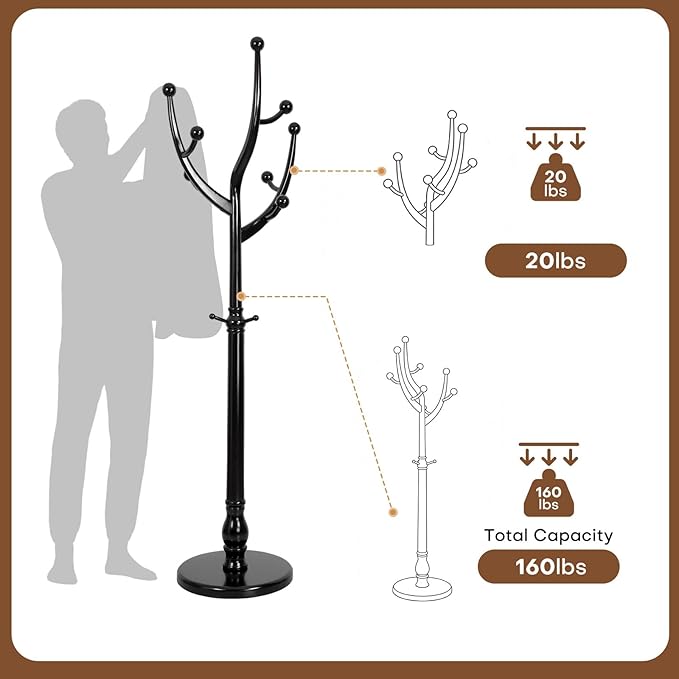 Freestanding Rubberwood Coat Rack, 11 Hooks & 16.5" Wide Round Base, Wooden Coat Rack Stand, Coat Hanger Free Standing Hall Tree for Entryway, Hallway, Bedroom, Jacket, Clothes (Black)