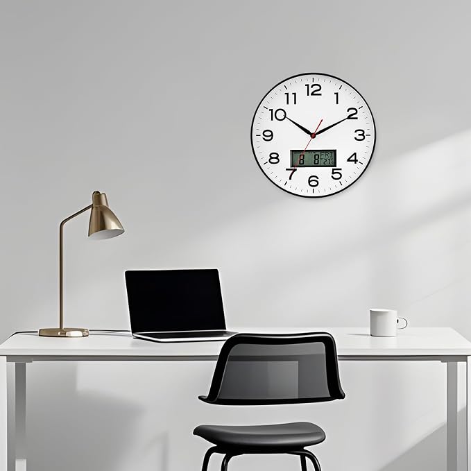 AKCISOT Wall Clock 12 Inch, Non-Ticking Silent Battery Operated Analog with LCD Display for Perpetual Calendar and Temperature, Ideal Modern Decor for Home, Bedroom, Kitchen, Office (Black)
