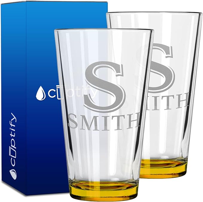 Personalized Beer Glasses Set of 2 Engraved Yellow 16oz Pint Glasses for Men & Women, Custom Drinking Gift for Birthdays, Weddings, Father’s Day & More