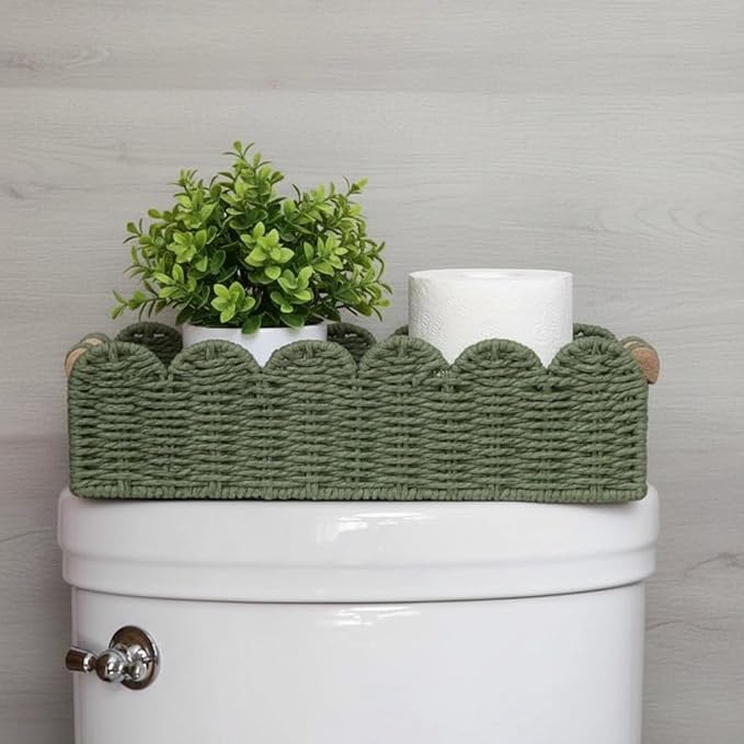 Green Scalloped Edge Baskets with Wood Handle, Set of 2 – Woven Paper Rope Storage Organizer for Living Room, Entryway & Home Décor