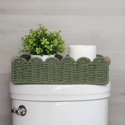 Green Scalloped Edge Baskets with Wood Handle, Set of 2 – Woven Paper Rope Storage Organizer for Living Room, Entryway & Home Décor