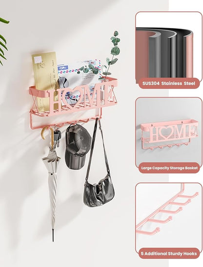 Key Holder for Wall - Adhesive Key Rack with 5 Key Hooks, 11.02" L×2.75" W×4.92" H, Key and Mail Organizer Wall Mount, Key Hanger for Wall, Entryway, House, Living Room Decor(Pink)