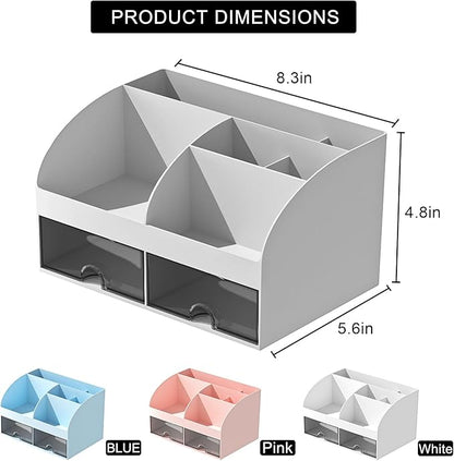 COMFYROOM Desk Organizer with 6 Compartments and 2 Drawers, Plastic Makeup Organizer, Pen Holder for Desktop Storage, Desk Organization for School, Home, Office Supplies (Grey)
