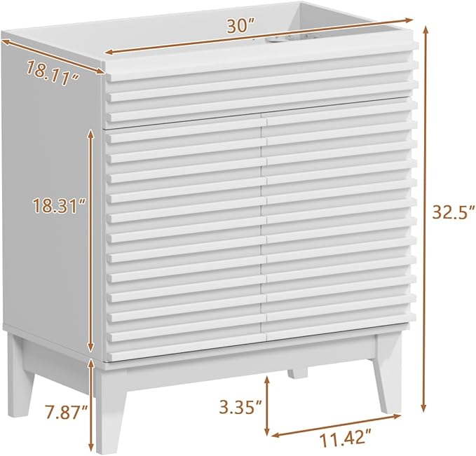 ROOMTEC 30" Bathroom Vanity, Mid-Century Freestanding Bathroom Cabinet Vanity with Storage, Particleboard Frame with Wood Grain Laminate, White(Sink Basin Not Included)