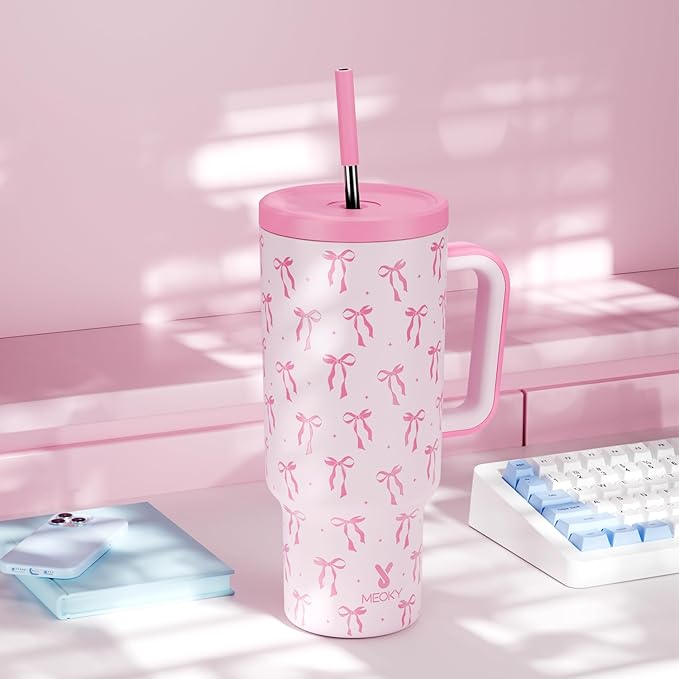 Meoky 40 oz Tumbler with Handle and Straw: Stainless Steel Insulated Tumbler with Lid and Straw - 100% Leak Proof Tumbler for Car Cup Holders - Travelers Commuters Workers, Bow
