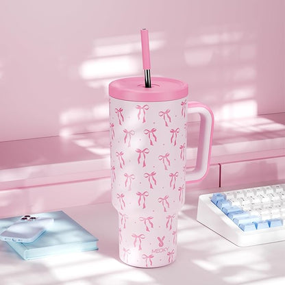 Meoky 40 oz Tumbler with Handle and Straw: Stainless Steel Insulated Tumbler with Lid and Straw - 100% Leak Proof Tumbler for Car Cup Holders - Travelers Commuters Workers, Bow