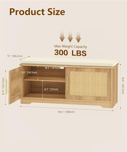 Rattan Shoe Storage Bench with Cushion, 39.4" Wide Entryway Bench with Adjustable Shelf, Hidden Shoe Organizer Cabinet, for Hallway, Living Room, Bedroom, Natural Oak