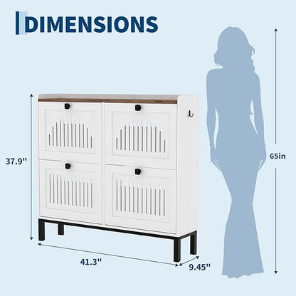 Garvee 4 Flip Drawer Shoe Cabinet with Adjustable Shelves, Hidden Shoe Organizer with Large Capacity, Freestanding Wooden Shoe Rack for Entryway, Hallway, Living Room, White
