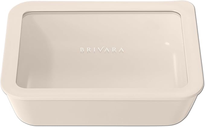BRIVARA HOME Ceramic Coated Glass Food Storage Container | No PTFE, PFOA, PFAS, and BPA | Reusable Non Toxic Meal Prep Container with Glass Lid | Easy To Store | 6 Cup Rectangle [Crema]