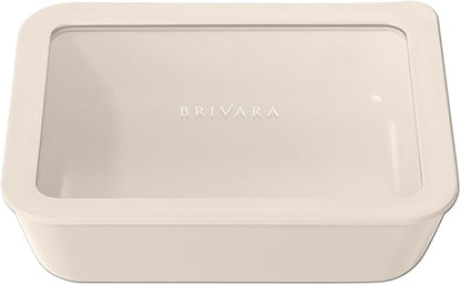 BRIVARA HOME Ceramic Coated Glass Food Storage Container | No PTFE, PFOA, PFAS, and BPA | Reusable Non Toxic Meal Prep Container with Glass Lid | Easy To Store | 6 Cup Rectangle [Crema]