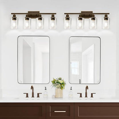 4-Light Bathroom Light Fixtures, Vanity Light with Clear Glass Shades, Oil-Rubbed Bronze Bathroom Light Fixtures Over Mirror, Modern Bathroom Wall Lamp for Mirror Living Room Cabinet Bedroom