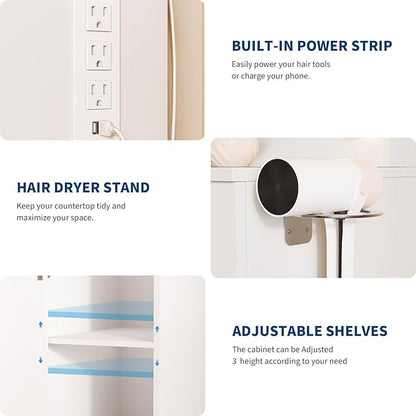 IDEALHOUSE Makeup Vanity Desk with Mirror and Lights, Modern White Vanity Table with Drawers, Charging Station & Storage Stool, Wood Make Up Vanity Set for Bedroom Apartment