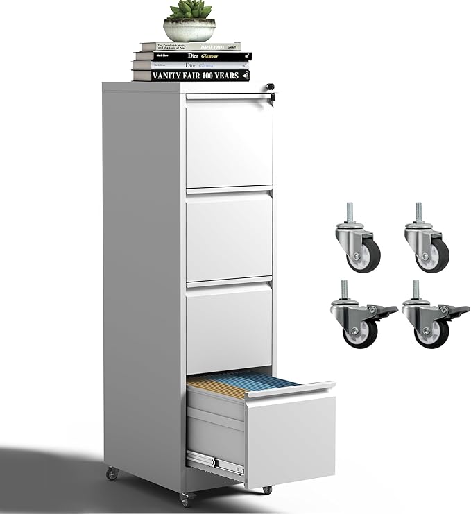 4 Drawer Mobile File Cabinet, Metal Filing Cabinet with Lock and Wheels, Home Office Rolling File Cabinets for Legal/Letter Hanging File Folders, Un-Assembled (White)
