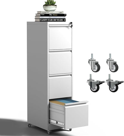 4 Drawer Mobile File Cabinet, Metal Filing Cabinet with Lock and Wheels, Home Office Rolling File Cabinets for Legal/Letter Hanging File Folders, Un-Assembled (White)