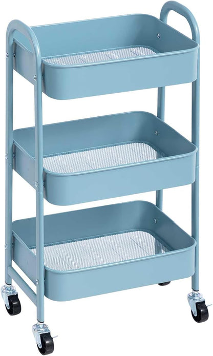 AGTEK Makeup Cart, Movable Rolling Organizer Cart, Grey-Blue 3 Tier Metal Utility Cart
