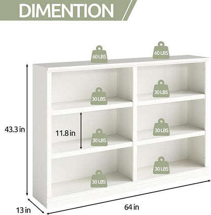 blini Low Horizontal Bookshelf White Bookcase Double Wide 64" 3-Tier Book Shelf 6 Cube Storage Organizer Wooden Bookcases for Bedroom and Home Office Decor Display