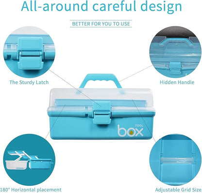 TERGOO 12in 3-Layer Plastic Craft Organizers and Storage, Portable Folding Tackle Box with Handle & Adjustable Dividers, Multipurpose Case for Sewing, Art Supplies, Medicine, Tools (Blue)
