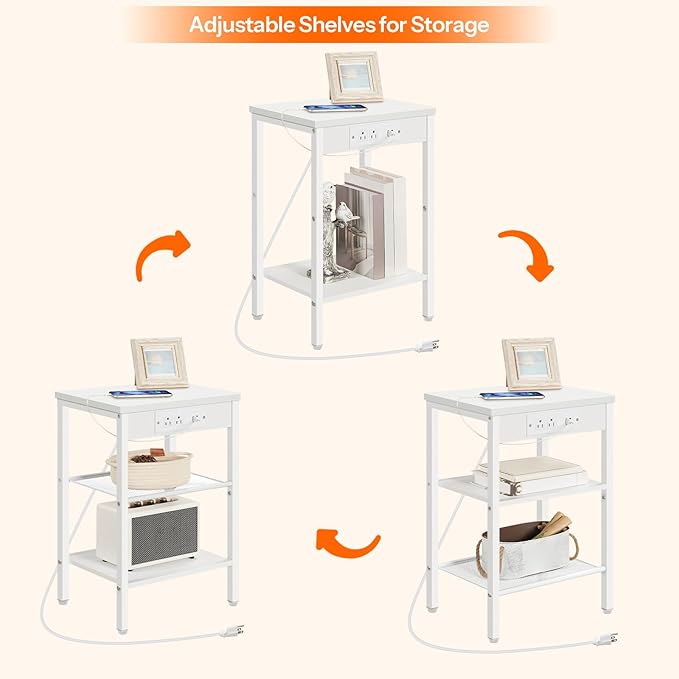 HOOBRO Side Table with Charging Station and USB Port, Small End Table for Small Space, 3-Tier Nightstand with Adjustable Shelf, for Living Room, Bedroom and Balcony, White WW112BZ01