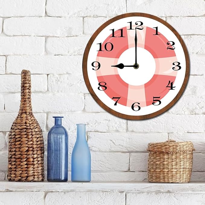 Pink Swimming Circle Wall Clock 10 Inch Wooden Battery Operated Autumn Forest Maple Leaves Wall Clocks Decorative Indoor,Decorative for Kitchen Bathroom Bedroom