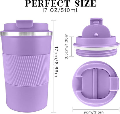 YINBAOGE Insulated Travel Coffee Mug, Spill & Leak Proof, Portable To Go Camping Stainless Steel Coffee Tumbler, Reusable Thermal Coffee Cup with Lid for Hot & Cold Drinks (Purple, 17 OZ)