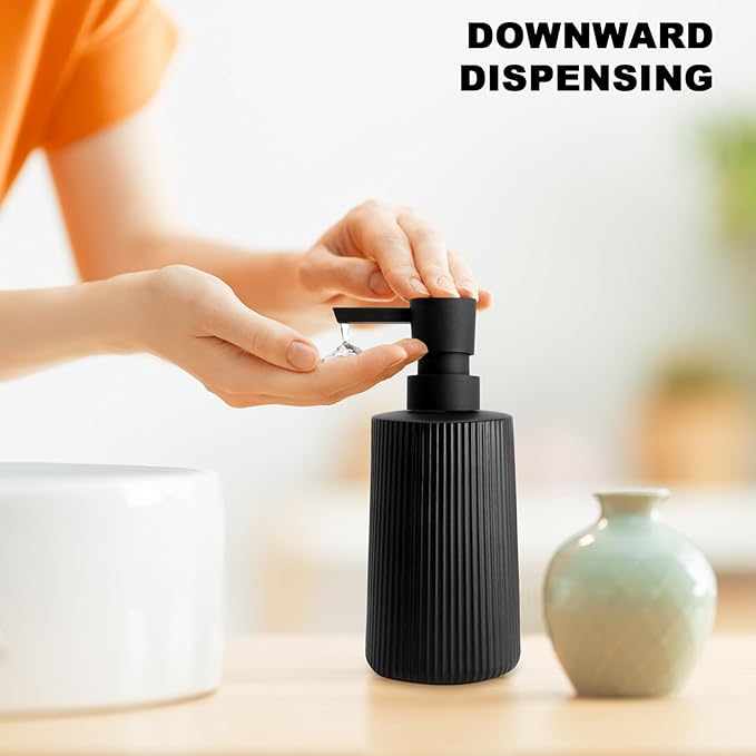 2 Pack Glass Small Soap Dispenser for Bathroom and Kitchen 250ml/8.5oz Dish Soap Dispenser Modern Farmhouse Striped Style Hand Soap Dish Soap Dispenser with Pump (Black)