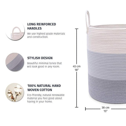 OrganiHaus Large Gray Woven Laundry Basket w/Handles 52L, Rope Dirty Clothes Hamper, Blanket Basket for Living Room, Baby Laundry Hamper for Nursery, Soft & Durable Decorative Organizer Bin