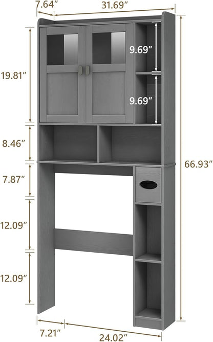 Vabches Over The Toilet Storage Cabinet, Bathroom Shelf Over Toilet with Glass Doors and Adjustable Shelves, Natural Grey Freestanding Home Space Save Toilet Rack, for Restroom, Bathroom, Laundry