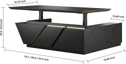 86.6" Adjustable Height L-Shaped Executive Desk with LED Light Strip - Black Inverted Trapezoid Design, Includes Storage Cabinet with Drawers & Doors, Ergonomic Standing Office Desk for Home & Office