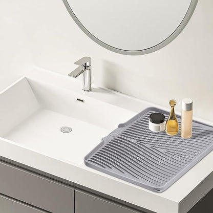 TIKNIK Silicone Dish Drying Mat for Kitchen Counter - Heat Resistant & Non-Slip Dish Drain Pad with Built-In Drain, Dishwasher Safe, Quick-Dry, Hangable & Roll-Up for Storage, Grey-2pcs, 20" x 15"