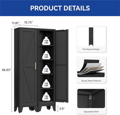 COFaR 67'' Tall Narrow Bathroom Storage Cabinet, Metal Farmhouse Skinny Pantry Cabinet with 4 Adjustable Shelves and One Door, Slim Cabinet Storage for Kitchen Garage, 5-Tier Black