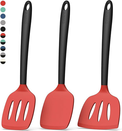 Coukre 3 Pack Silicone Spatula Set, High Heat Resistant, BPA-Free, Fish Spatula, Solid & Slotted Turner for Non-Stick Pans, Flipping Eggs, Pancakes, Fish, Burgers (3, Red)