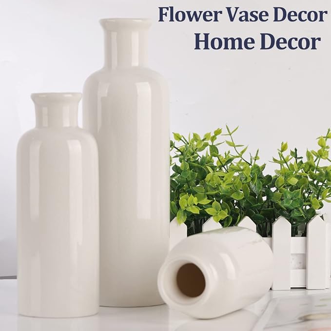 White Ceramic Vase Set - 3 White Small Vases, Farmhouse Country Flower Vase Home Decor, Living Room Decoration, Table Decoration, Fireplace Decor, and Entrance Decorations Centerpieces