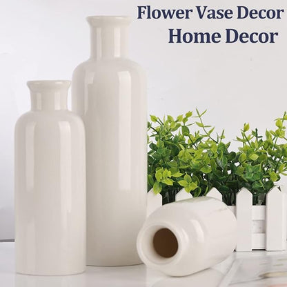 White Ceramic Vase Set - 3 White Small Vases, Farmhouse Country Flower Vase Home Decor, Living Room Decoration, Table Decoration, Fireplace Decor, and Entrance Decorations Centerpieces