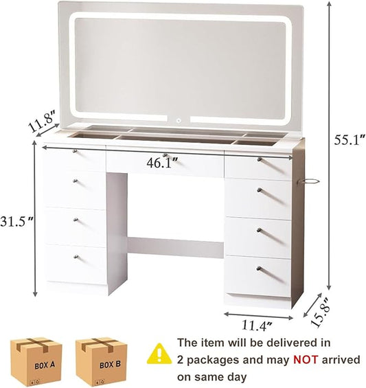 Vanity with Lighted Mirror, Glass Top Makeup Vanity Desk with Power Outlet and 9 Drawers, 3 Color Lighting Modes Adjustable Dresser for Bedroom, White