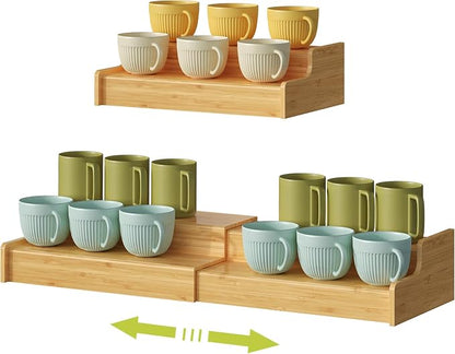 Hongtamoya 2-Tier Expandable Bamboo Mug Holder Coffee Mug Rack Organizer for Countertop, Multi-Functional Mug Display Shelf for Coffee Bar, Kitchen, and Home (15.35"~29.92")