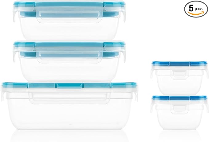 Snapware Total Solution 5-Pack (Mixed Sizes) Plastic Food Storage Containers Set, Leakproof & Airtight Locking Lids Rectangular Tupperware, Non-Toxic BPA-Free Lids, Microwave Dishwasher Freezer Safe