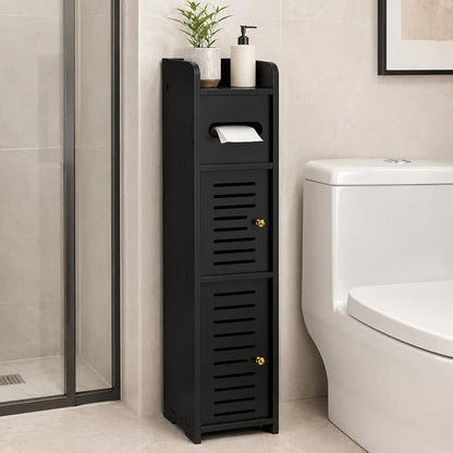 Toilet Paper Holder Stand, Small Bathroom Storage Cabinet with Doors and Toilet Paper Storage, Slim Floor Standing Shelf for Small Spaces,Toilet Storage Cabinet for Bathroom,Black