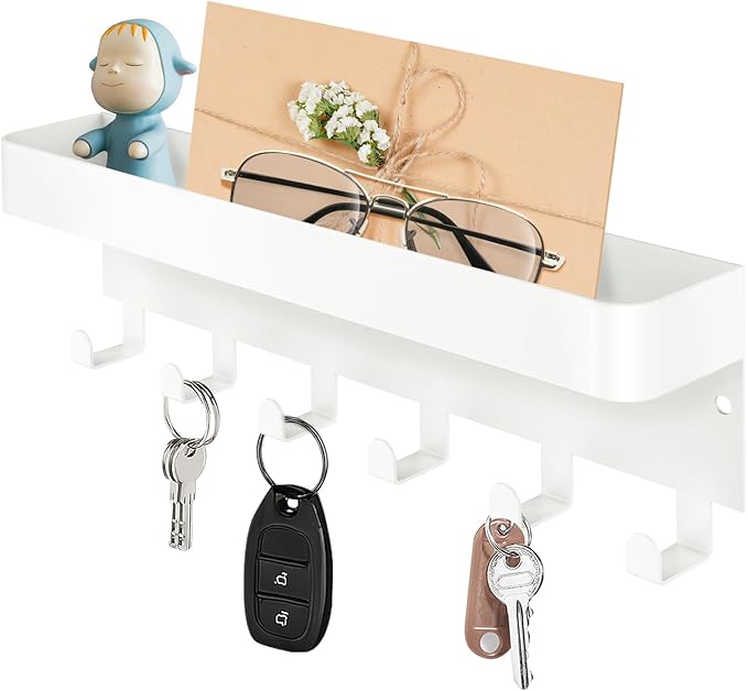 RELBRO Magnetic Key Holder for Fridge, Metal Wall Mount Key Rack with Shelf, 6 Hooks, 2 Installation Options, White
